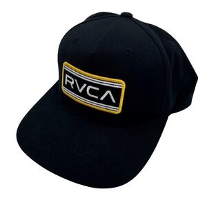RVCA Mid Fit Snapback Hat Mens Black Yellow Logo Patch Adjustable Baseball Cap